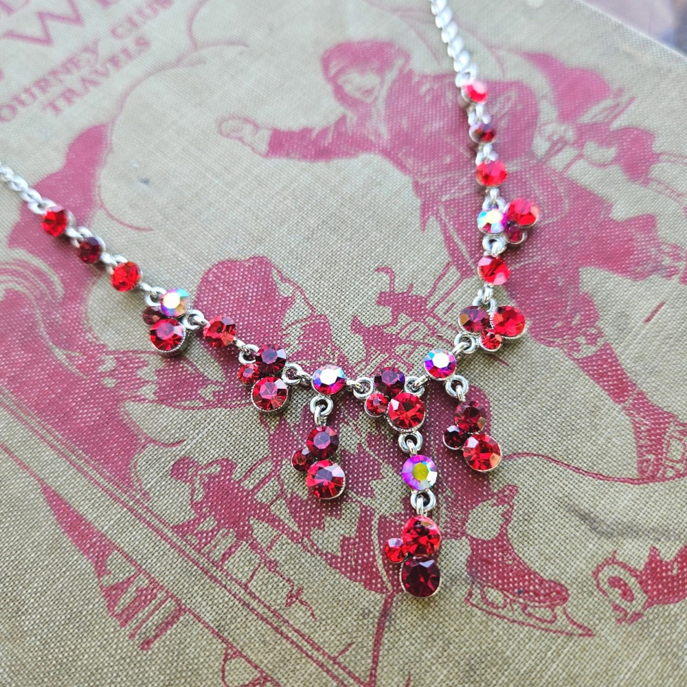 B.I.V. Red Rhinestone Crystal Dangle Drop Necklace Silver Tone Y2K Statement